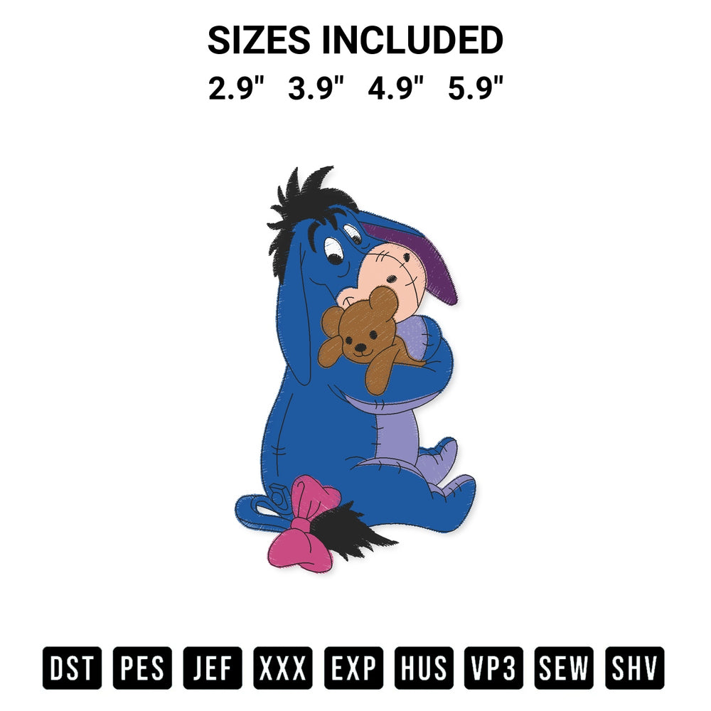 Create amazing crafts with the Eeyore With Teddy Bear Embroidery Design embroidery file. High-quality digital download from Designspacks.com, perfect for beginners and pros. Available sizes: 2.9", 3.9", 4.9", 5.9".
