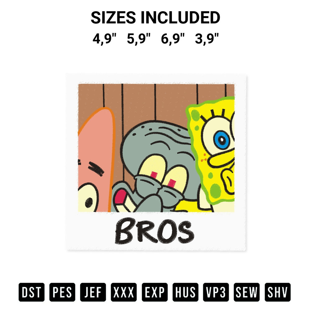 Shop the Nickelodeon Spongebob Squarepants Bros Logo Embroidery Design machine embroidery pattern at Designspacks.com. Beautifully digitized for flawless stitching on any fabric. Available sizes: 4,9", 5,9", 6,9", 3,9".