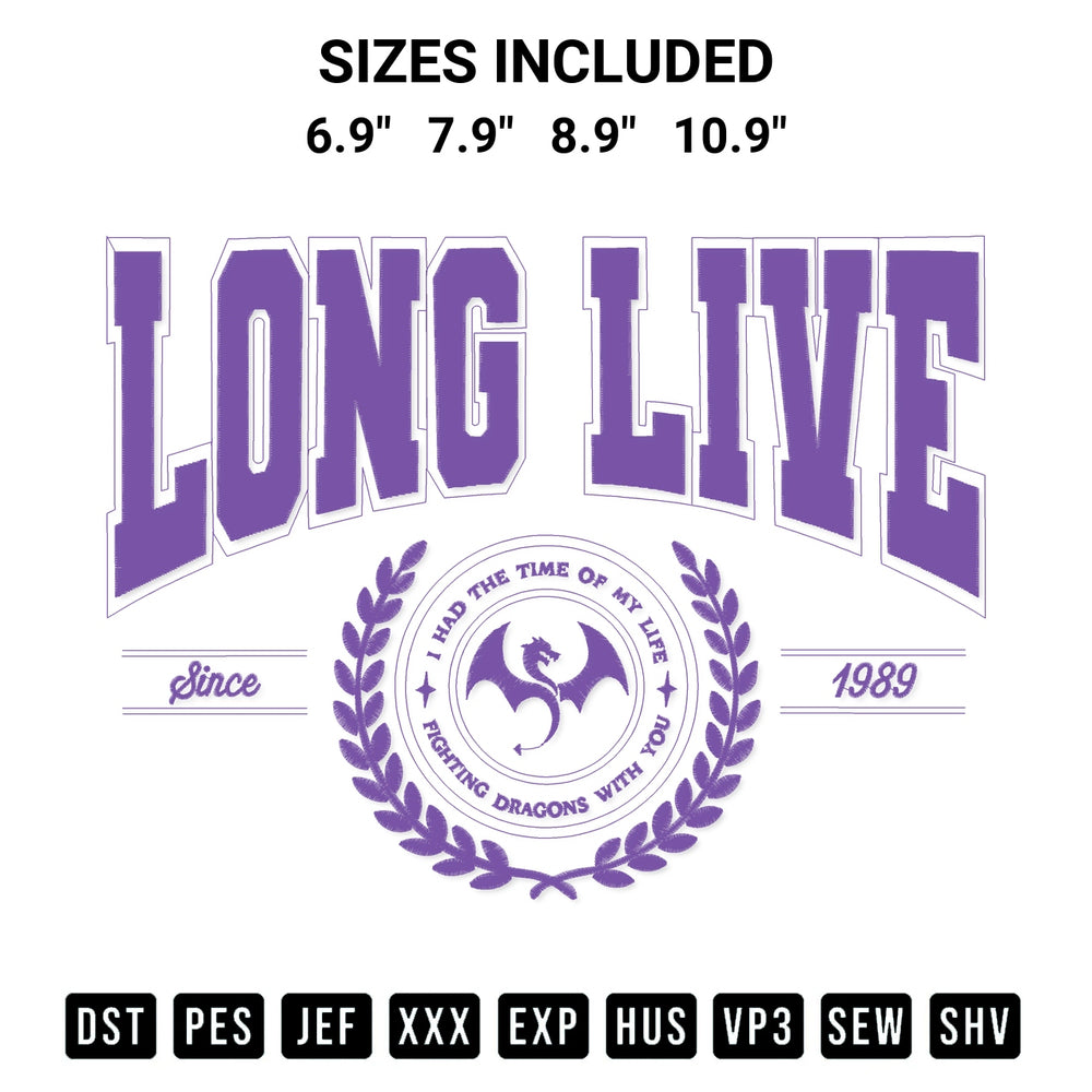 Get the Long Live Taylor Embroidery Design embroidery design for your custom crafts! Premium digitized files available for instant download at Designspacks.com. Available sizes: 6.9", 7.9", 8.9", 10.9".