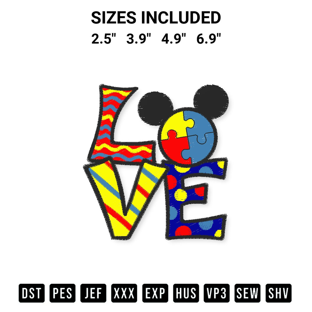 Add a unique touch to your apparel with the Autism Love Mickey Ears Embroidery Design embroidery file. Premium instant download available now on Designspacks.com. Available sizes: 2.5", 3.9", 4.9", 6.9".