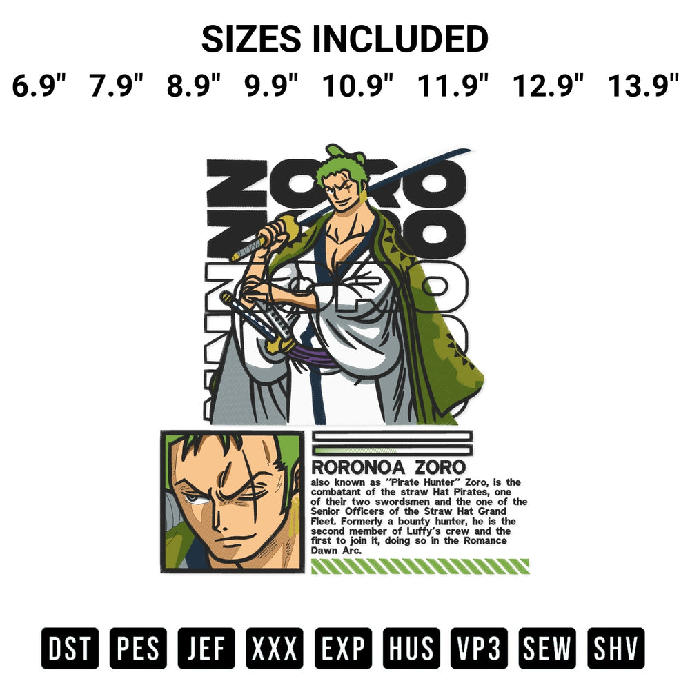 Download the Zoro Swordsman Embroidery Design machine embroidery design exclusively at Designspacks.com. Premium digitized pattern for apparel and DIY crafts. Available sizes: 6.9", 7.9", 8.9", 9.9", 10.9", 11.9", 12.9", 13.9".