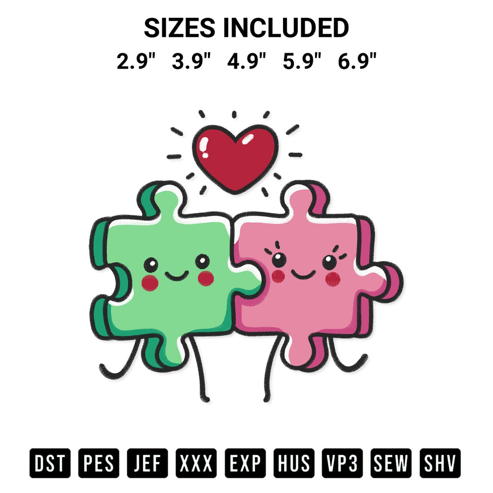 Add a unique touch to your apparel with the Puzzle Piece Couple In Love Embroidery Design embroidery file. Premium instant download available now on Designspacks.com. Available sizes: 2.9", 3.9", 4.9", 5.9", 6.9".