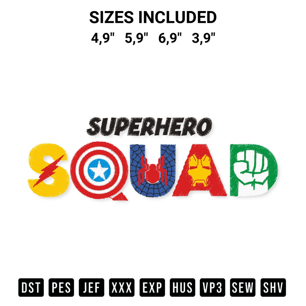Stitch like a pro with the Superhero Squad Logo Embroidery Design embroidery pattern from Designspacks.com. High-quality digital machine embroidery file. Available sizes: 4,9", 5,9", 6,9", 3,9".