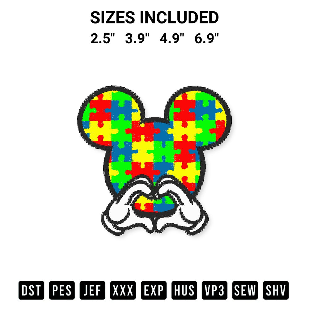 Discover the perfect addition to your crafting collection: Autism Mickey Mouse Hand Heart Embroidery Design embroidery file. Instantly available at Designspacks.com. Available sizes: 2.5", 3.9", 4.9", 6.9".