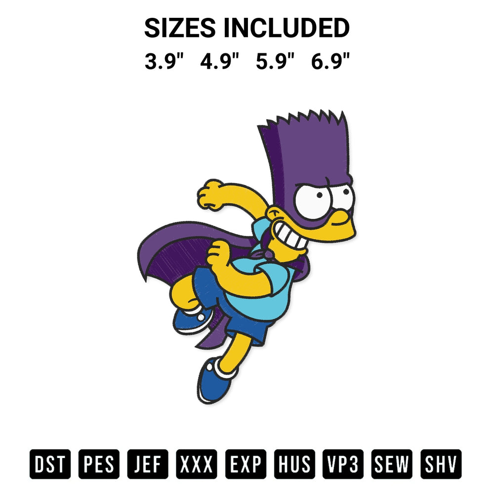 Get the Bartman Superhero Embroidery Design embroidery design for your custom crafts! Premium digitized files available for instant download at Designspacks.com. Available sizes: 3.9", 4.9", 5.9", 6.9".