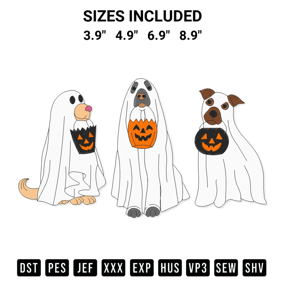 Shop the Dog Ghost Halloween Funny Embroidery Design machine embroidery pattern at Designspacks.com. Beautifully digitized for flawless stitching on any fabric. Available sizes: 3.9", 4.9", 6.9", 8.9".