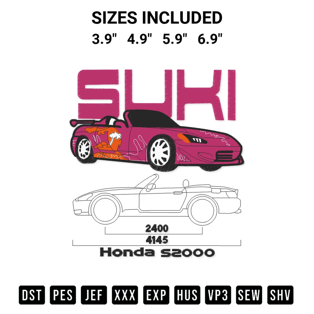 Looking for the perfect pattern? Download the Suki Honda S2000 Embroidery Design embroidery design today at Designspacks.com. Crisp, clean stitching guaranteed. Available sizes: 3.9", 4.9", 5.9", 6.9".