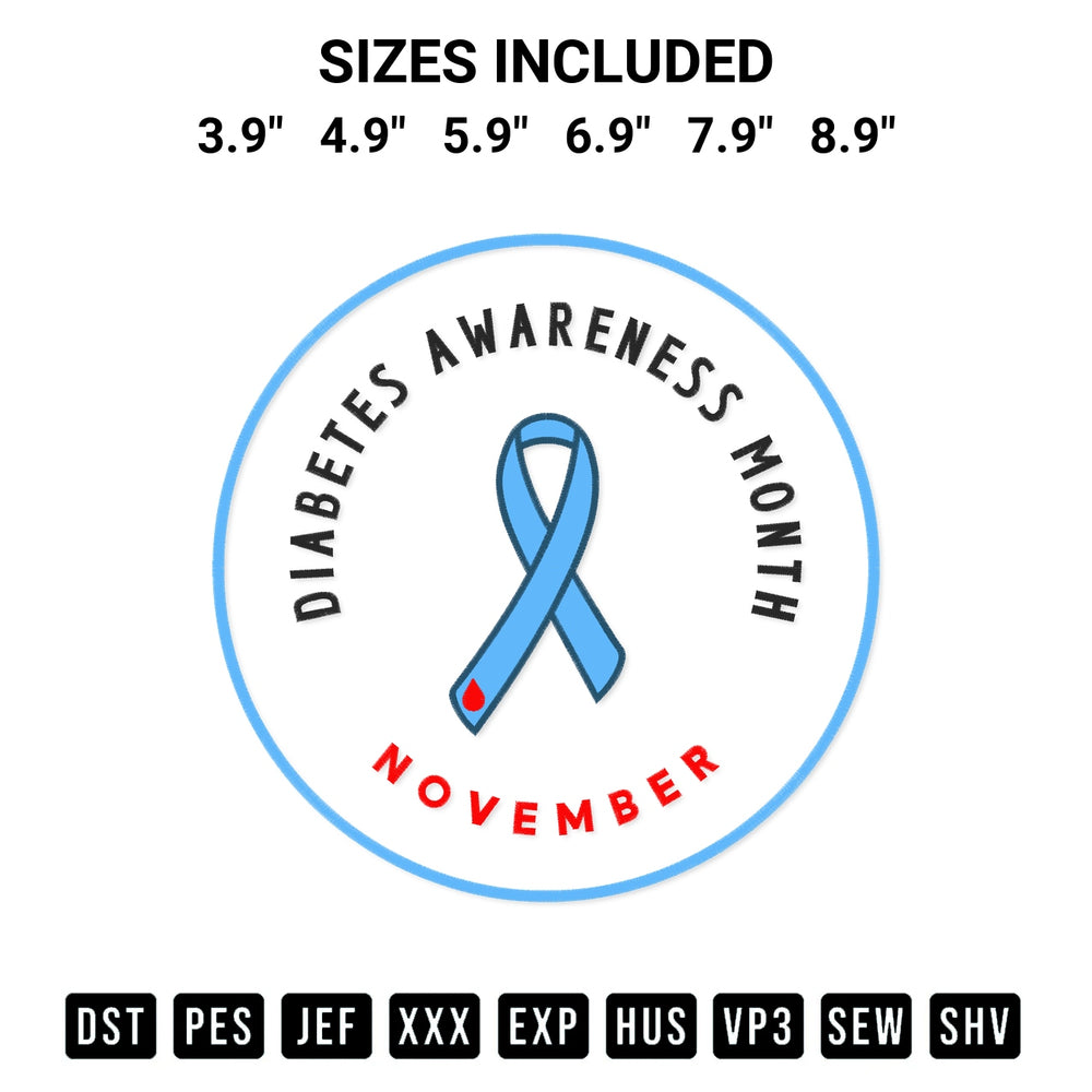 Stitch like a pro with the Diabetes Awareness Month November Embroidery Design embroidery pattern from Designspacks.com. High-quality digital machine embroidery file. Available sizes: 3.9", 4.9", 5.9", 6.9", 7.9", 8.9".