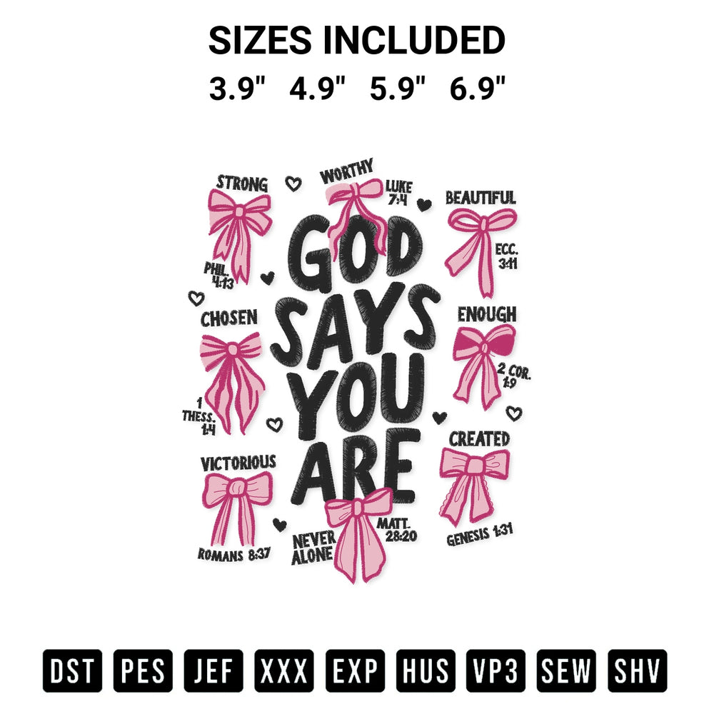 Elevate your next project with our God Says You Are Bow Embroidery Design embroidery file. Shop high-quality digital patterns instantly at Designspacks.com. Available sizes: 3.9", 4.9", 5.9", 6.9".
