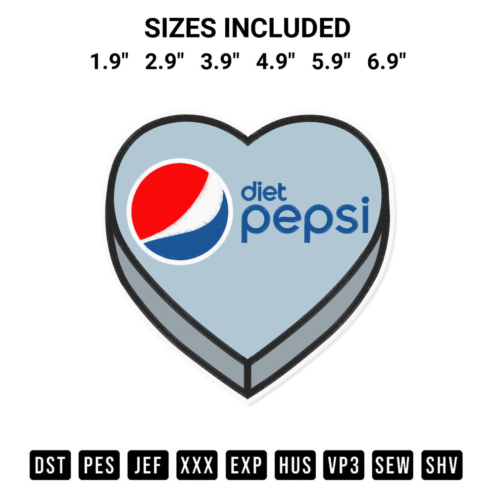 Looking for the perfect pattern? Download the Diet Pepsi Candy Heart Embroidery Design embroidery design today at Designspacks.com. Crisp, clean stitching guaranteed. Available sizes: 1.9", 2.9", 3.9", 4.9", 5.9", 6.9".
