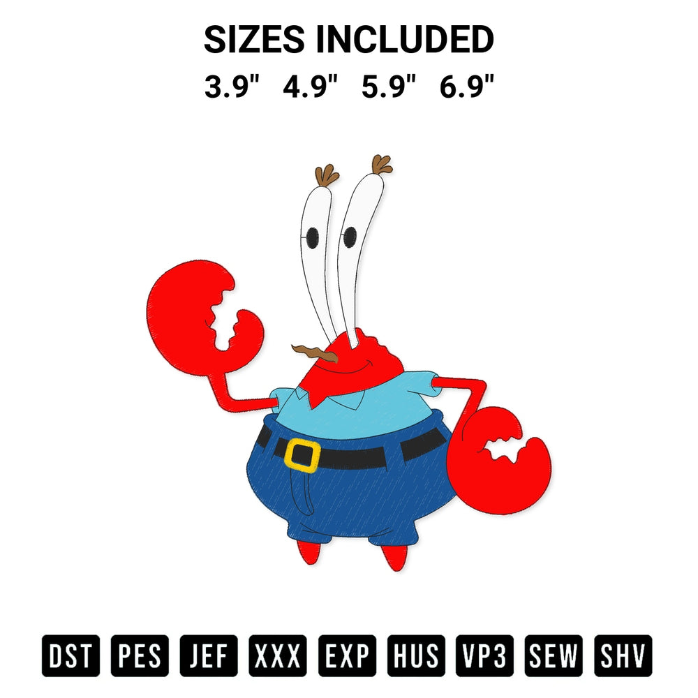 Get the Mr Krabs Embroidery Design embroidery design for your custom crafts! Premium digitized files available for instant download at Designspacks.com. Available sizes: 3.9", 4.9", 5.9", 6.9".