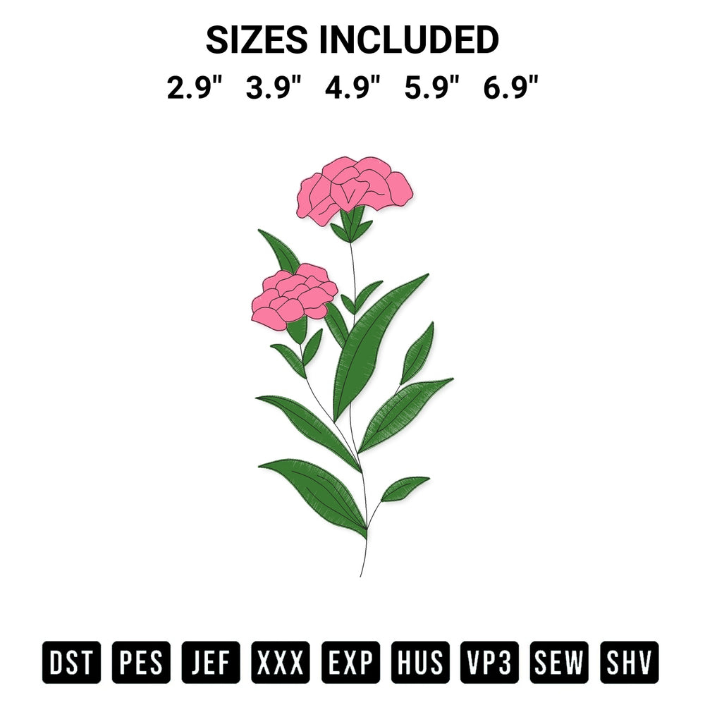 Download the Carnation Flower Embroidery Design machine embroidery design exclusively at Designspacks.com. Premium digitized pattern for apparel and DIY crafts. Available sizes: 2.9", 3.9", 4.9", 5.9", 6.9".