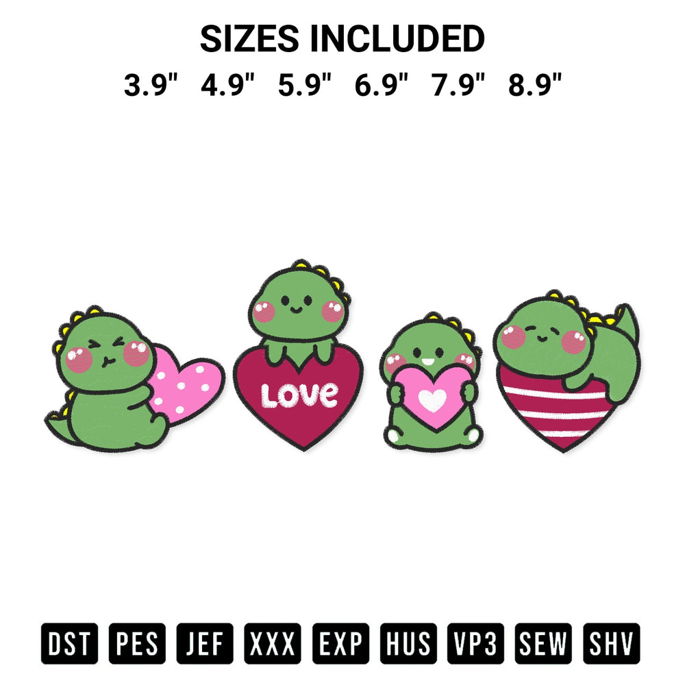 Looking for the perfect pattern? Download the Cute Dinosaurs Hold Heart Embroidery Design embroidery design today at Designspacks.com. Crisp, clean stitching guaranteed. Available sizes: 3.9", 4.9", 5.9", 6.9", 7.9", 8.9".