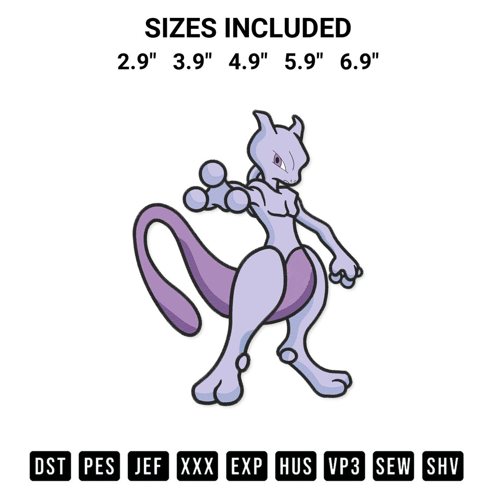 Add a unique touch to your apparel with the Mewtwo Pokemon Embroidery Design embroidery file. Premium instant download available now on Designspacks.com. Available sizes: 2.9", 3.9", 4.9", 5.9", 6.9".