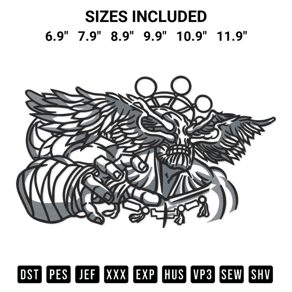 Create amazing crafts with the Pattern Mahoraga Embroidery Design embroidery file. High-quality digital download from Designspacks.com, perfect for beginners and pros. Available sizes: 6.9", 7.9", 8.9", 9.9", 10.9", 11.9".