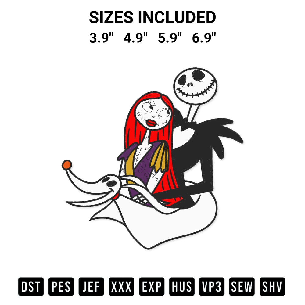 Discover the perfect addition to your crafting collection: Jack Sally And Zero Embroidery Design embroidery file. Instantly available at Designspacks.com. Available sizes: 3.9", 4.9", 5.9", 6.9".