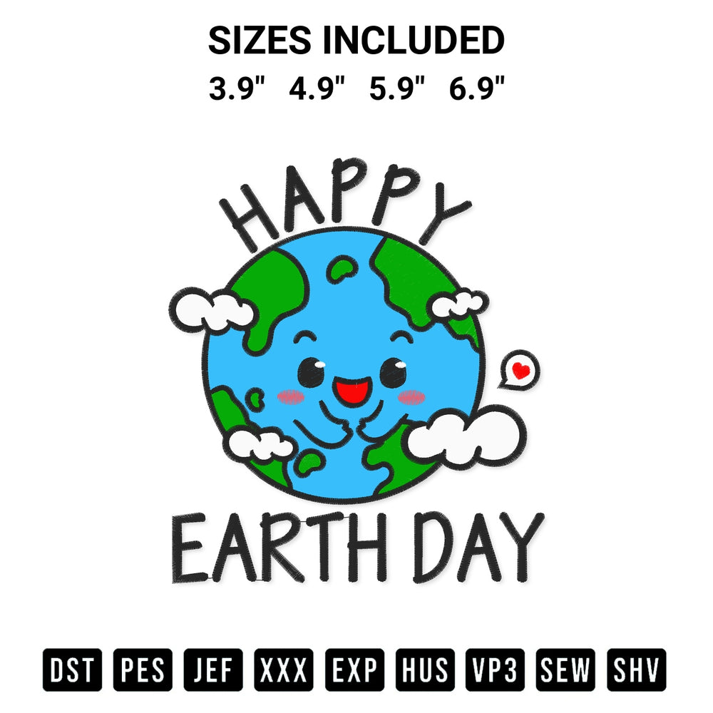 Transform your fabrics with the Cute Happy Earth Day Embroidery Design embroidery design. Instant access to premium digitized patterns at Designspacks.com. Available sizes: 3.9", 4.9", 5.9", 6.9".