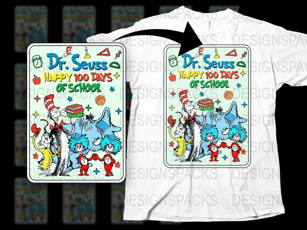 Dr. Seuss Inspired 100 Days of School T-Shirt, Colorful Cartoon Characters, Kids and Adult Sizes Available