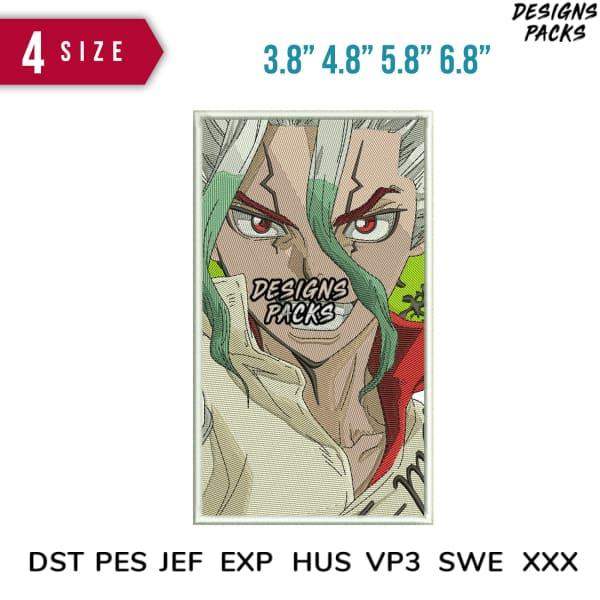 Anime-style embroidery design with green hair, red eyes, available in 4 sizes, DST PES formats