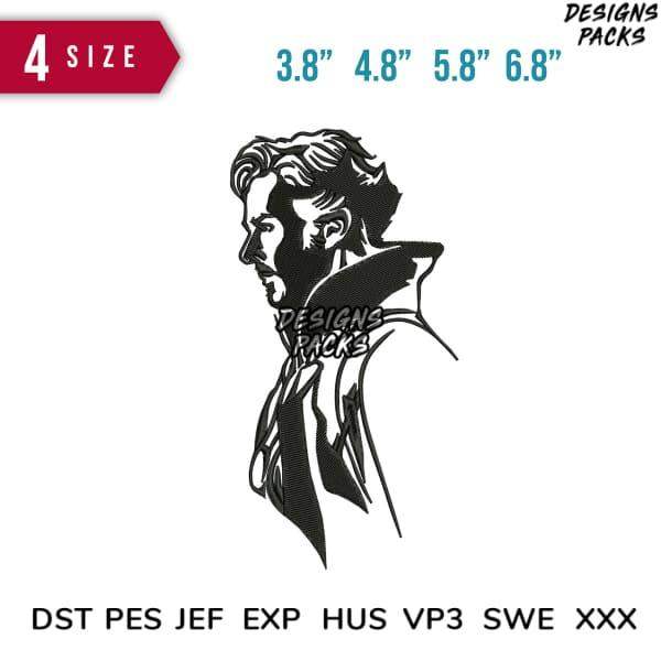 Black and white embroidery design of a man in profile, available in 4 sizes and multiple file formats for instant download.