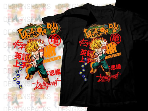 Dragon Ball Super Saiyan Goku t-shirt design with bold graphics and Japanese text