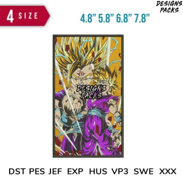 Dragon Ball Z Super Saiyan Goku embroidery design in 4 sizes, DST PES JEF formats, anime art for apparel