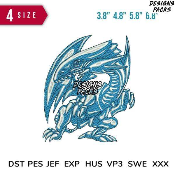 Blue dragon embroidery design in 4 sizes, compatible with DST PES JEF formats for machine embroidery projects.