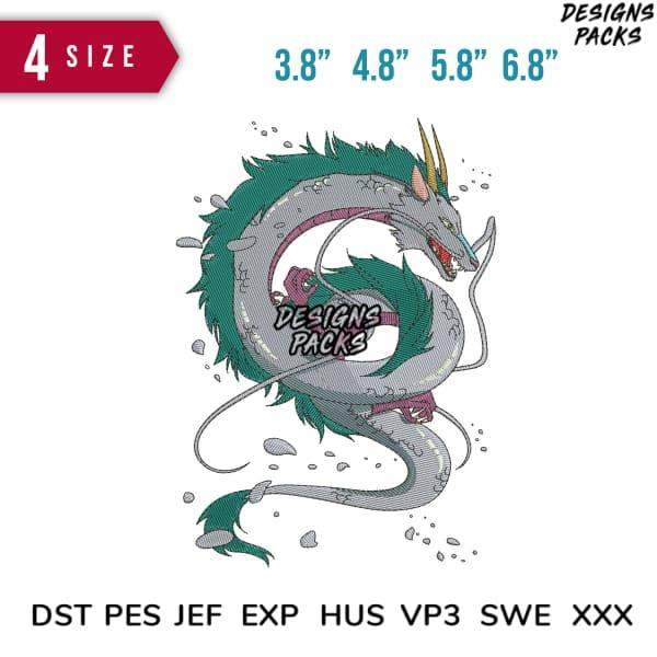 Dragon embroidery design in 4 sizes, compatible with DST PES JEF formats for instant download.