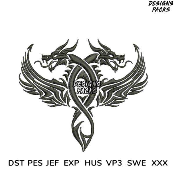 Two dragon embroidery design in tribal style, available in DST PES JEF formats for instant download