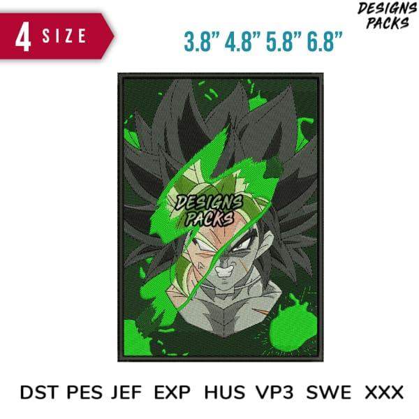 Dragon Ball Z embroidery design with green energy effect, available in multiple sizes and formats