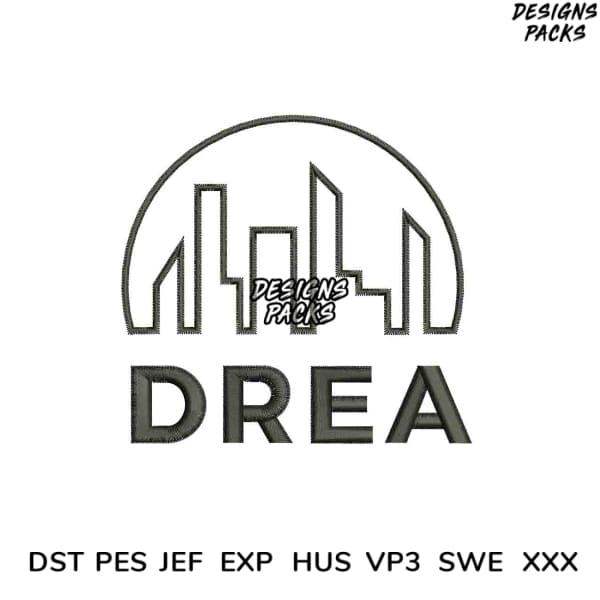 DREA embroidery design with city skyline, available in DST PES JEF formats for instant download