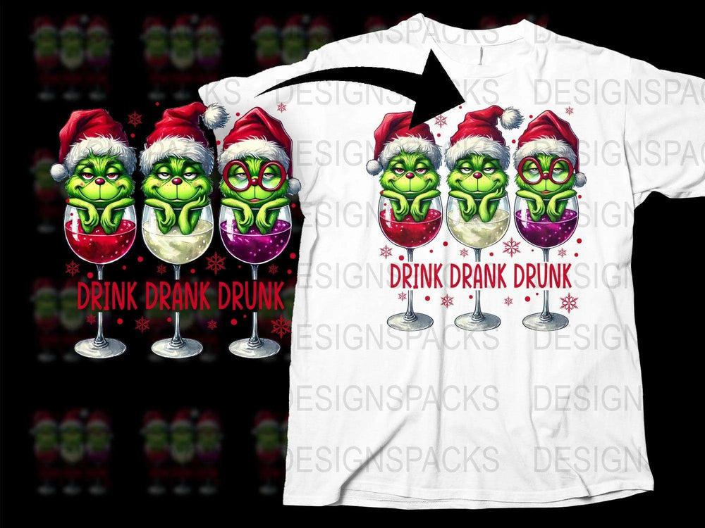 Funny Christmas T-Shirt, Grinch Face Holiday Tee, Drink Drank Drunk, Festive Party Shirt, Unisex Adult Clothing