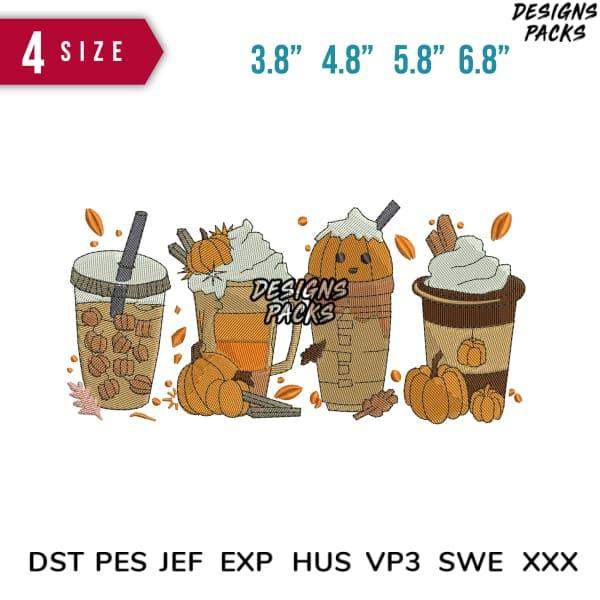Fall pumpkin spice drink embroidery designs in 4 sizes, compatible with DST PES JEF formats for instant download