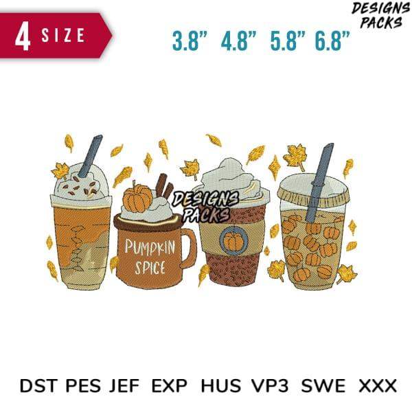 Pumpkin spice drink embroidery designs in 4 sizes, fall leaves, instant download for DTF DTG