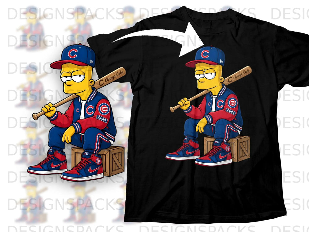 Bart Simpson sits on a crate wearing Cubs attire and holding a baseball bat.