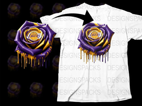 Lakers Dripping Rose Graphic T-Shirt, Purple and Gold Sports Fan Apparel, Unique Basketball Team Support Tee