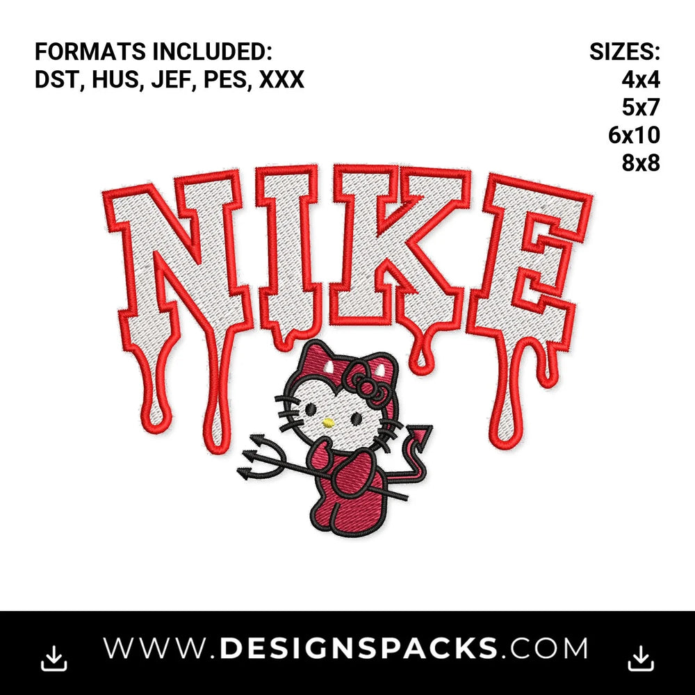 Dripping Nike Devil Hello Kitty Embroidery Design - Instant digital download pattern at Designspacks.com
