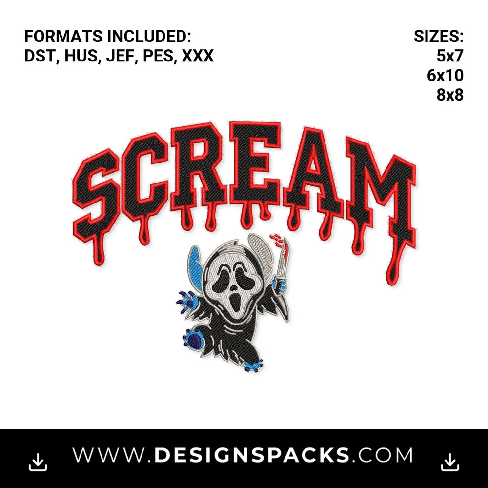 Dripping Scream Stitch Ghostface Embroidery Design - Instant digital download pattern at Designspacks.com