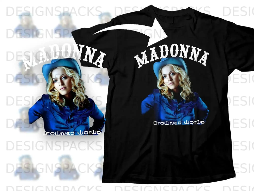 Black t-shirt with Madonna's portrait and "Drowned World" text.