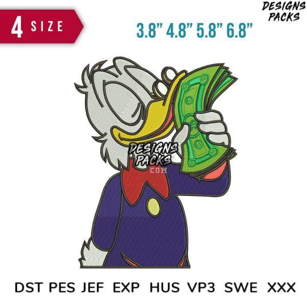 Scrooge McDuck embroidery design holding money, available in multiple sizes and formats