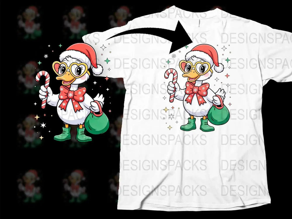 Festive Duck Christmas T-Shirt, Cartoon Duck in Santa Hat, Holiday Apparel, Cute Duckling with Candy Cane, Kids and Adults Sizes Available