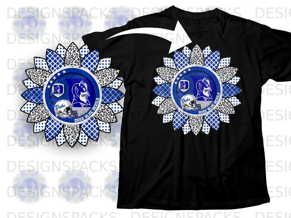 Black t-shirt with round Duke Blue Devils sunflower graphic.