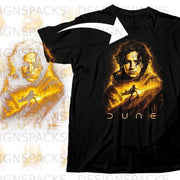 Black t-shirt with a "Dune" movie graphic of a man and a figure in a sandy landscape.