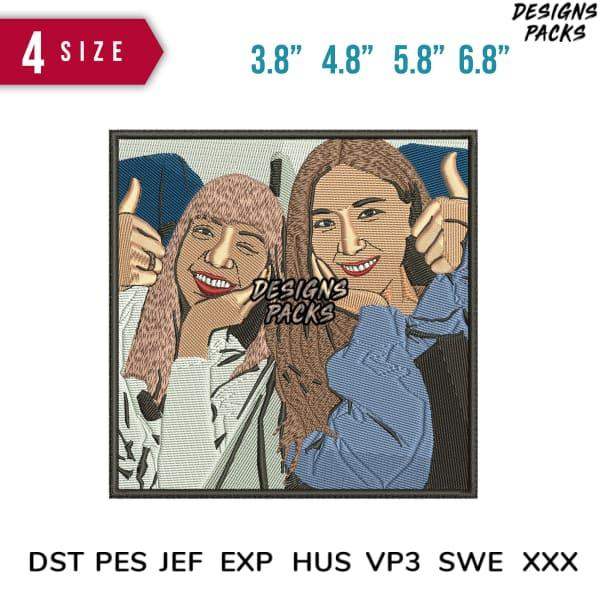 Embroidery design featuring two smiling women giving thumbs up, available in multiple sizes and formats.