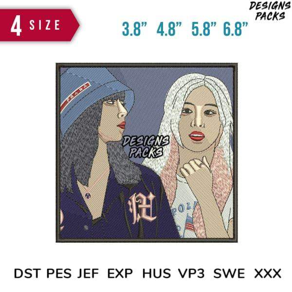 Embroidery design featuring two stylish women, available in 4 sizes & multiple formats for instant download.