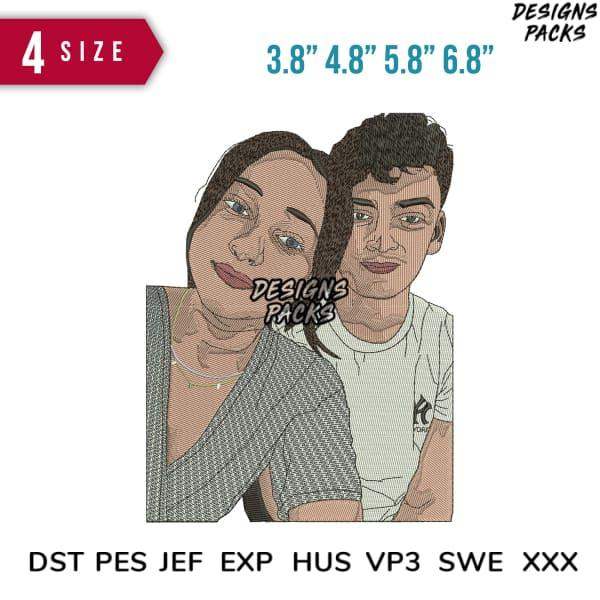 Custom couple portrait embroidery design in 4 sizes, compatible with DST PES JEF EXP formats for instant download