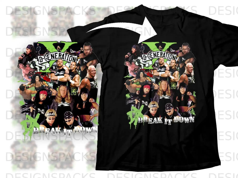 Black t-shirt featuring D-Generation X graphic with "Break It Down" text.