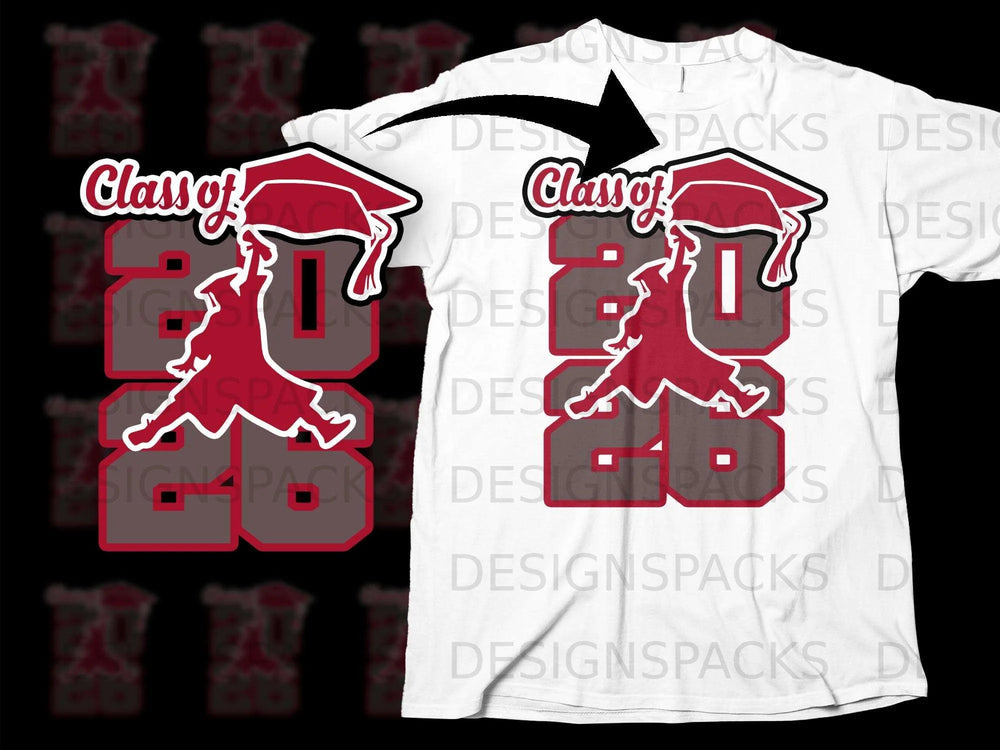 "Class of 2026" graduation design with a silhouette and cap on a white t-shirt.