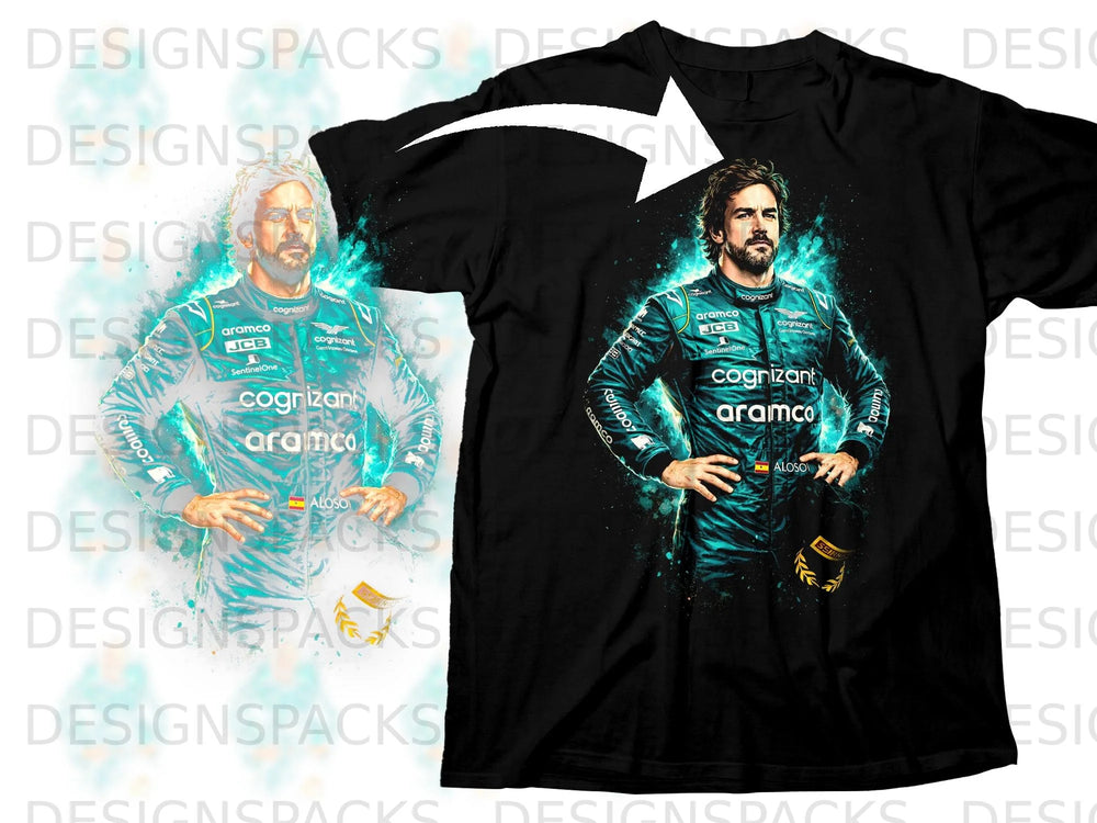 Fernando Alonso in racing suit with Cognizant and Aramco logos on black t-shirt.