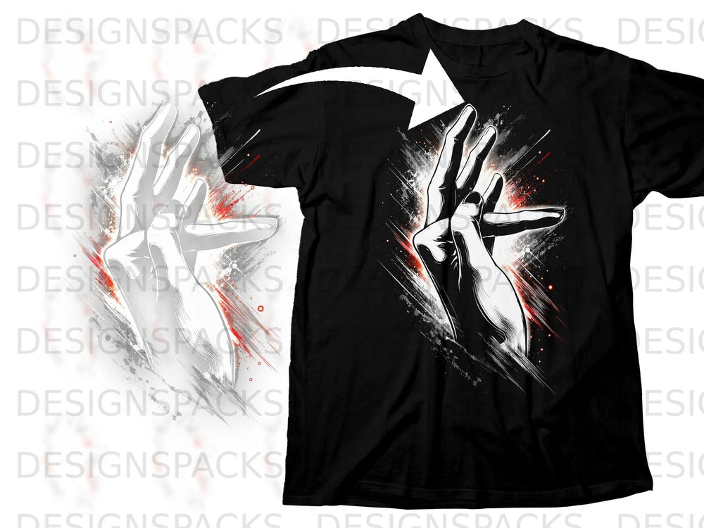 Black t-shirt with abstract hand graphic featuring white, red, and black accents.